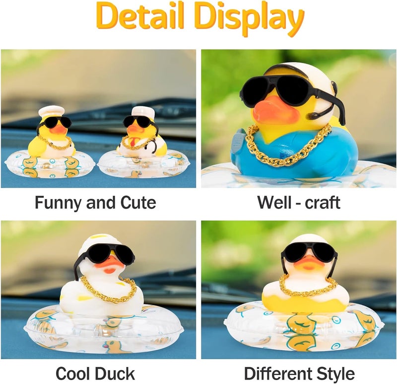 wonuu Car Rubber Duck Ornament for Car Dashboard Decoration Accessories with Mini Swim Ring Necklace and Sunglasses - Image 2